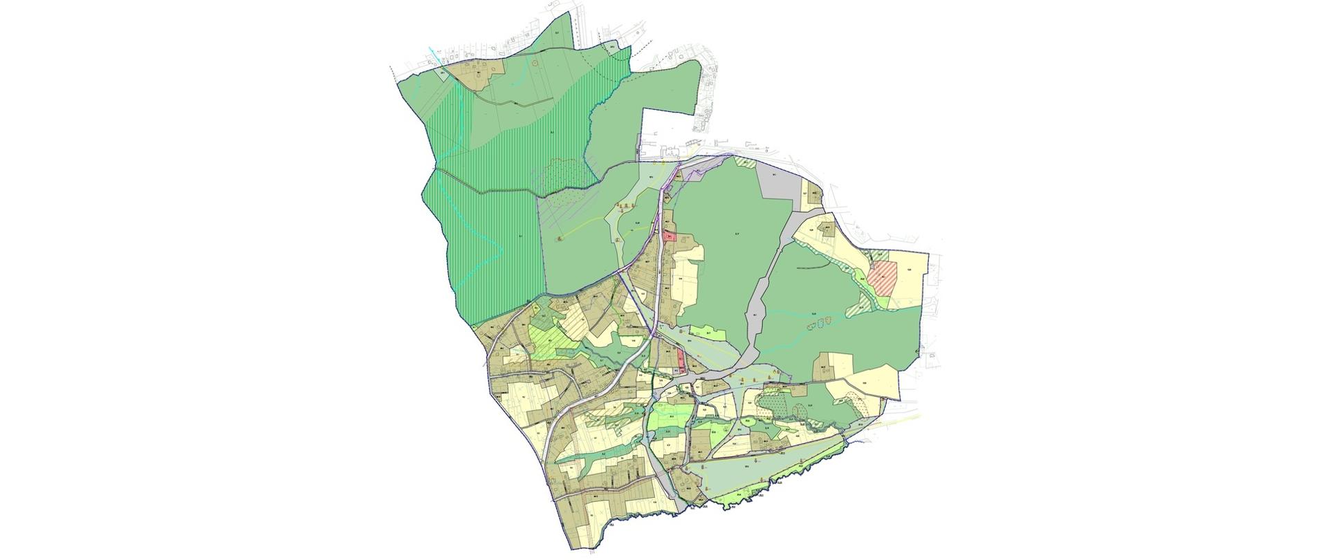 Poglądowa miniatura mapy miejscowości z podziałem na poszczególne obszary zagospodarowania przestrzennego