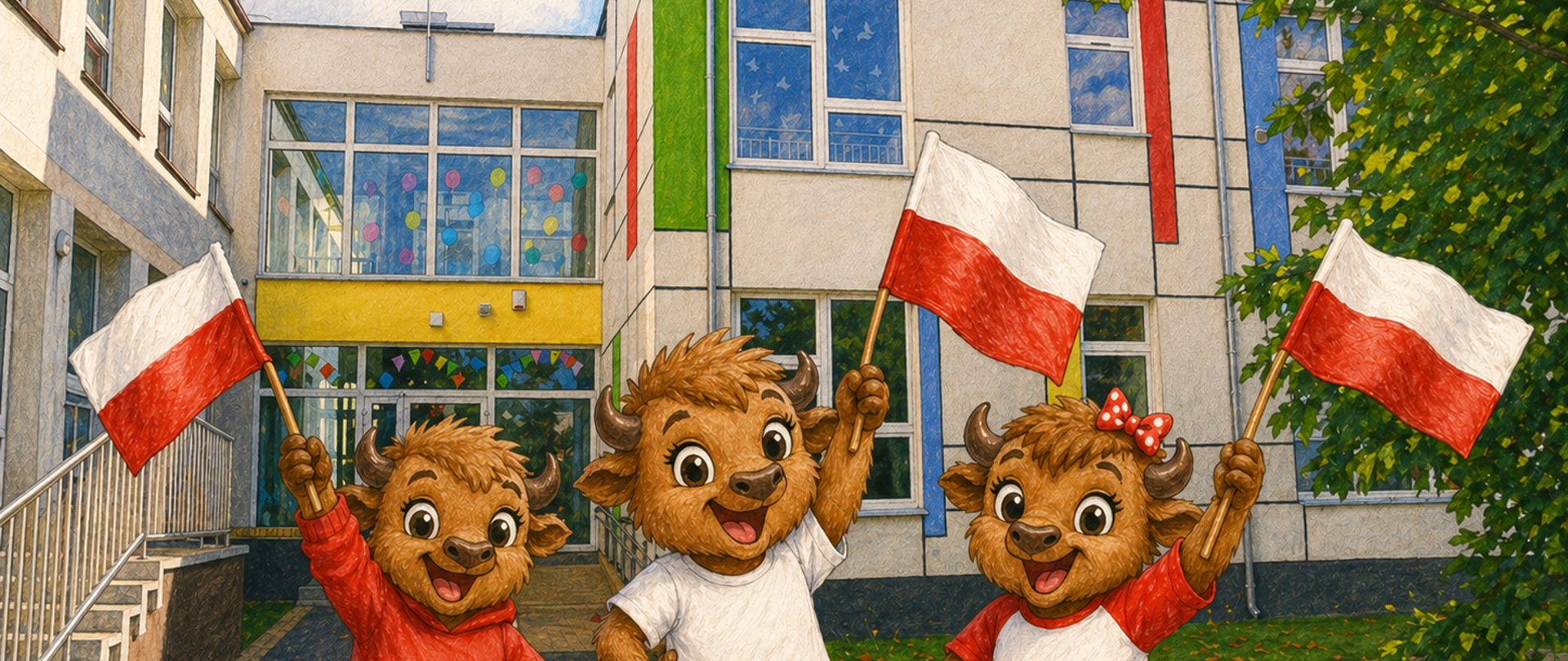 Na tle budynku Przedszkola stoją 3 małe żuberki, machają flagami Polski