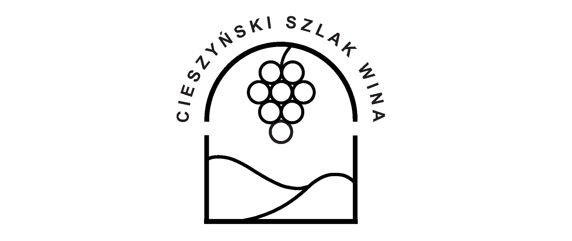 Logo Stowarzyszenia Cieszyński Szlak Wina. Znak graficzny w kolorze czarnym w postaci odwróconej tarczy z zarysem pól, na którymi widnieje winne grono. Powyżej tarczy drukowany napis: Cieszyński Szlak Wina.