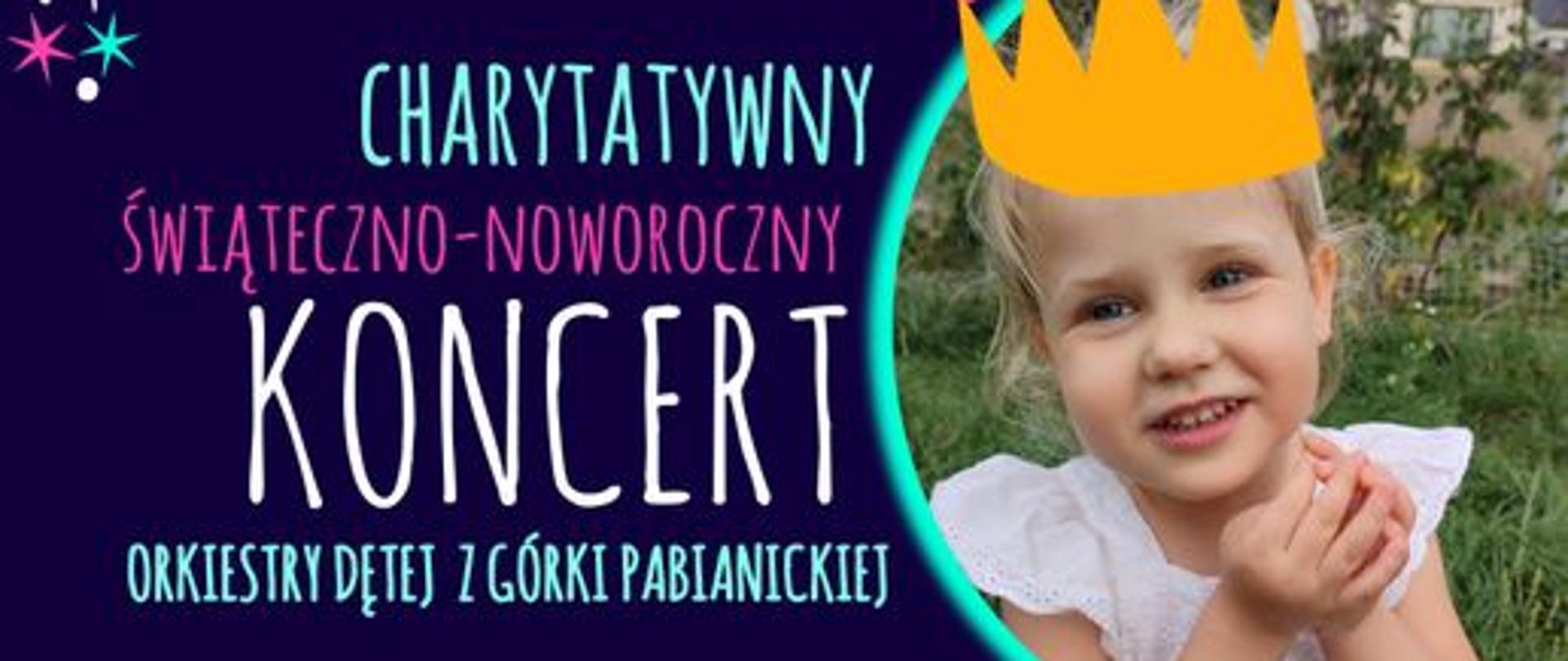 Plakat koncertu. Fioletowe tło. Od lewej tekst charytatywny świąteczno-noworoczny koncert Orkiestry Dętej z Górki Pabianickiej. 14 stycznia 2024 roku, godzina 17.00 Miejski Ośrodek Kultury w Konstantynowie Łódzkim, ulica Łódzka 28. Podczas koncertu będzie można przekazać datek na rzecz chorej Martynki Stasiak. Logo MOK, miasta Konstantynowa Łódzkiego, wstęp wolny. W prawym górnym roku zdjęcie dziewczynki w koronie, u dołu zdjęcie orkiestry dętej i instrumentów. Elementy dekoracyjne - płatki śniegu i gwiazdki.