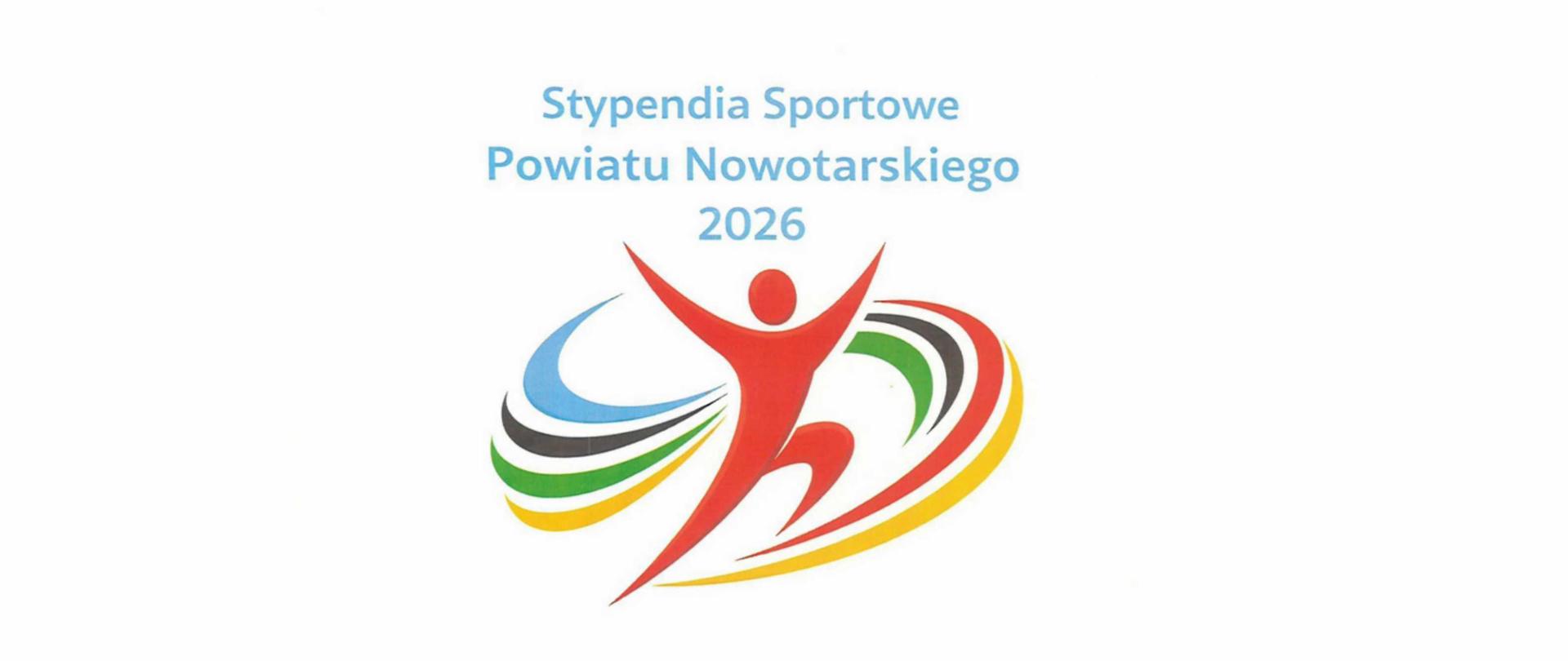 Biały plakat z kolorowym logo, napis stypendia sportowe powiatu nowotarskiego.