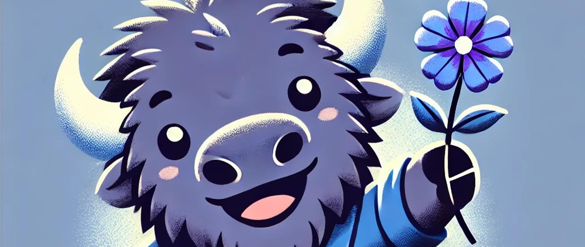 Żubr trzyma kwiat barwinek