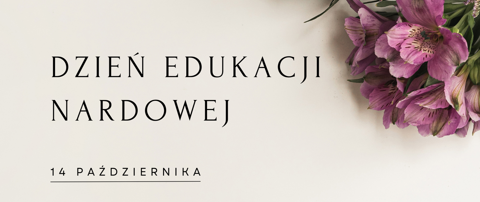 Na grafice w centralnym punkcie znajduje się napis "Dzień Edukacji Narodowej", a poniżej "14 października". Napisy są na jasnym tle. W prawym górnym rogu znajdują się różowe kwiaty.