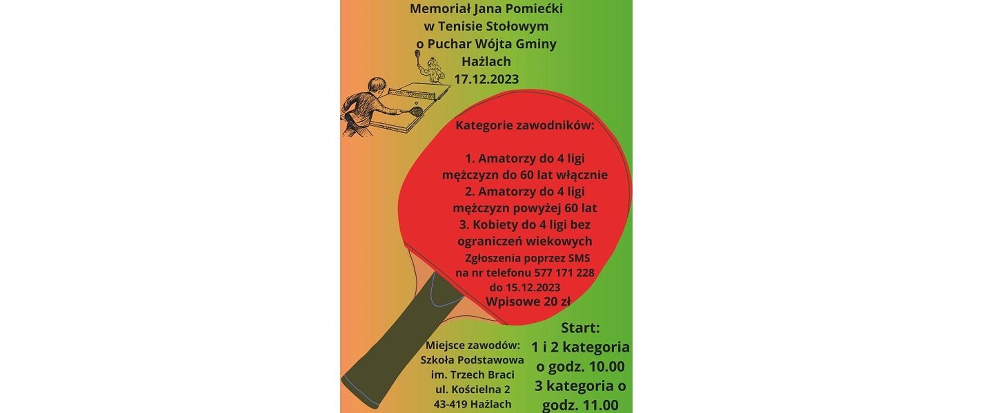 XIX Memoriał Jana Pomiećki w Tenisie Stołowym. 17.12.2023. Godzina 10.00. Szkoła Podstawowa im. Trzech Braci, ul. Kościelna 2, 43-419 Hażlach