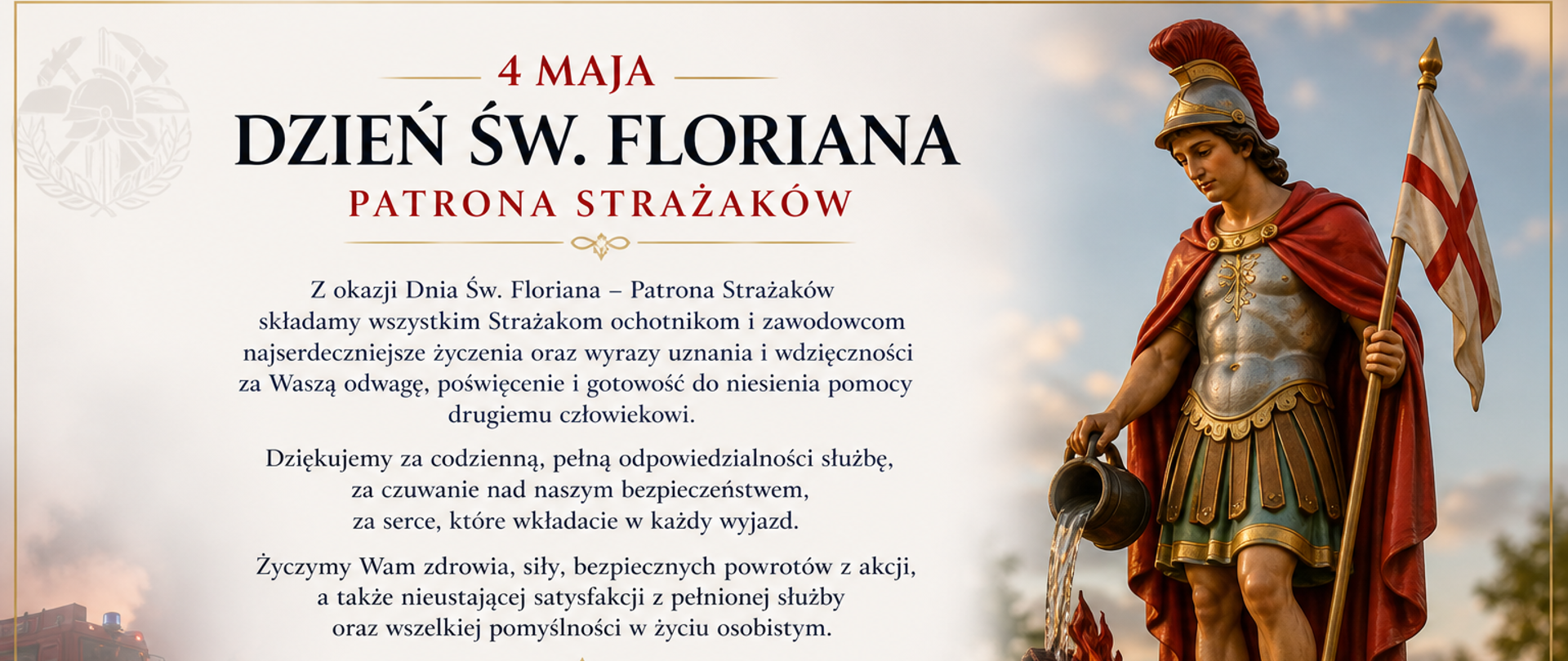 Grafika ma formę eleganckiego, poziomego plakatu utrzymanego w stonowanej kolorystyce beżu, czerwieni i złota. Po lewej stronie widnieje symboliczne zdjęcie strażaków idących w stronę wozu strażackiego, lekko przyciemnione i stanowiące tło. W centralnej części znajduje się duży napis: „4 maja – Dzień Św. Floriana, Patrona Strażaków”, a poniżej umieszczono oficjalne życzenia skierowane do strażaków, podkreślające ich odwagę, poświęcenie oraz służbę na rzecz bezpieczeństwa innych.
Po prawej stronie znajduje się realistyczna postać św. Floriana w stroju rzymskiego żołnierza, trzymającego naczynie, z którego wylewa wodę na płonący budynek – symbol gaszenia pożaru. Na dole grafiki widnieją podpisy osób składających życzenia: Sylwii Marii Marciszewskiej – Przewodniczącej Rady Gminy Zabrodzie oraz Krzysztofa Jezierskiego – Wójta Gminy Zabrodzie. Obok znajduje się herb Gminy Zabrodzie. Całość ma uroczysty, oficjalny charakter.