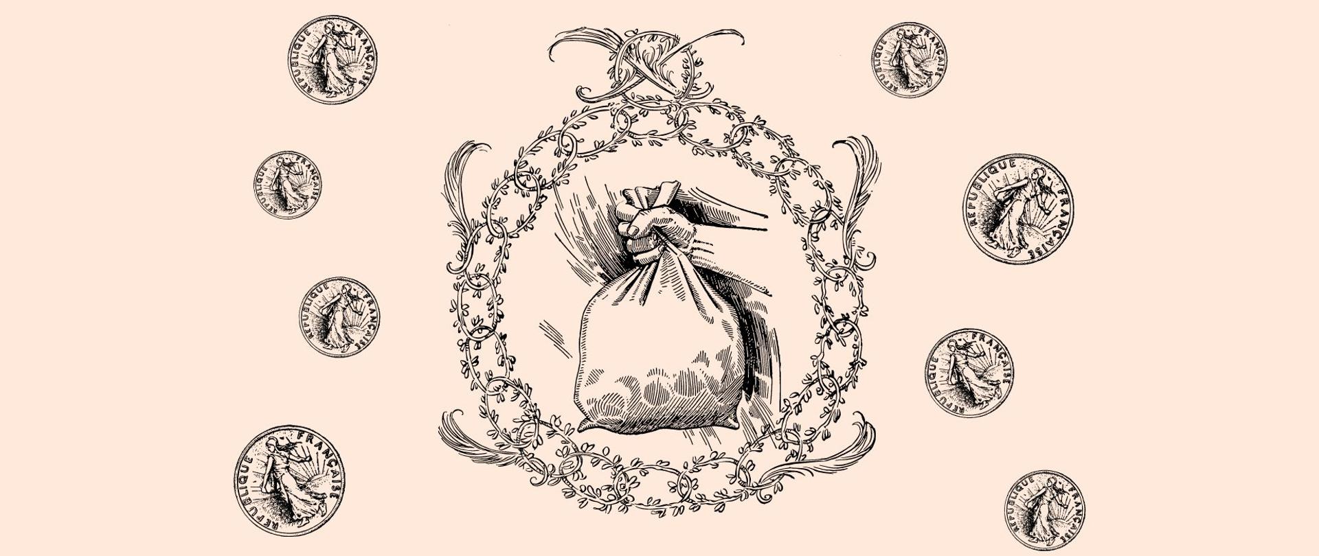 Rysunek przedstawiający dłoń trzymającą sakwę z pieniędzmi