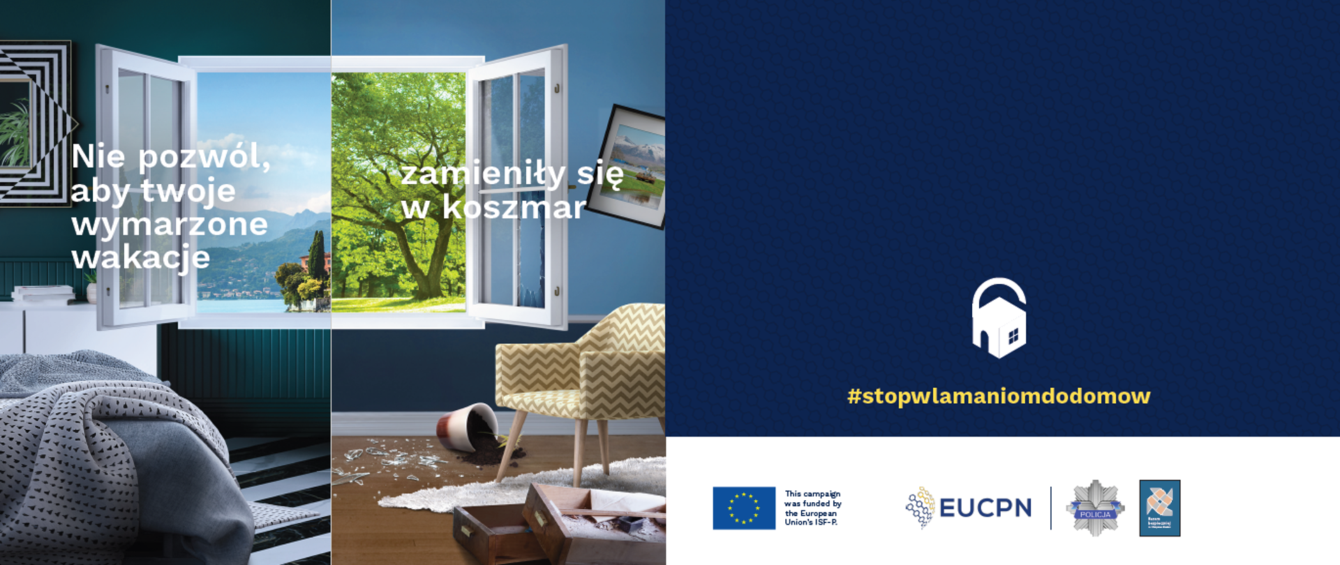 Baner, zestawienie dwóch fotografii przedstawiających pokój z oknem - po lewej uporządkowany, po prawej zniszczony przez włamywaczy