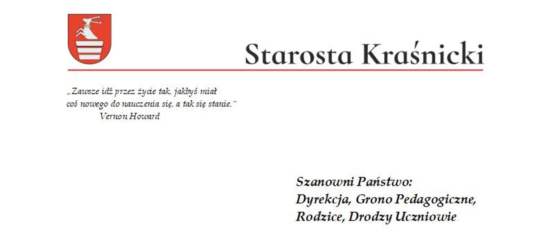 List Starosty Kraśnickiego na zakończenie roku szkolnego maturzystów