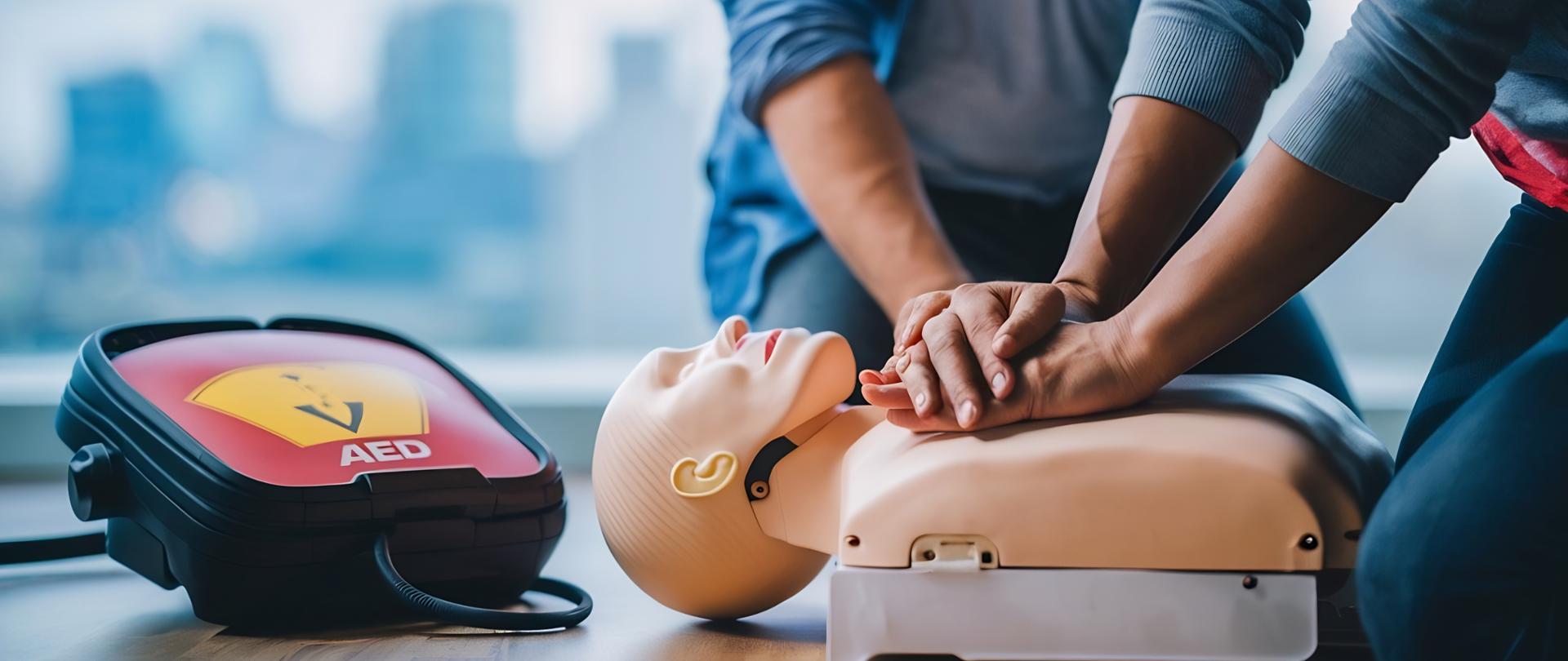 Osoba wykonuje resuscytację krążeniowo-oddechową na fantomie szkoleniowym. Obok znajduje się automatyczny defibrylator zewnętrzny AED przygotowany do użycia podczas ćwiczeń z pierwszej pomocy.