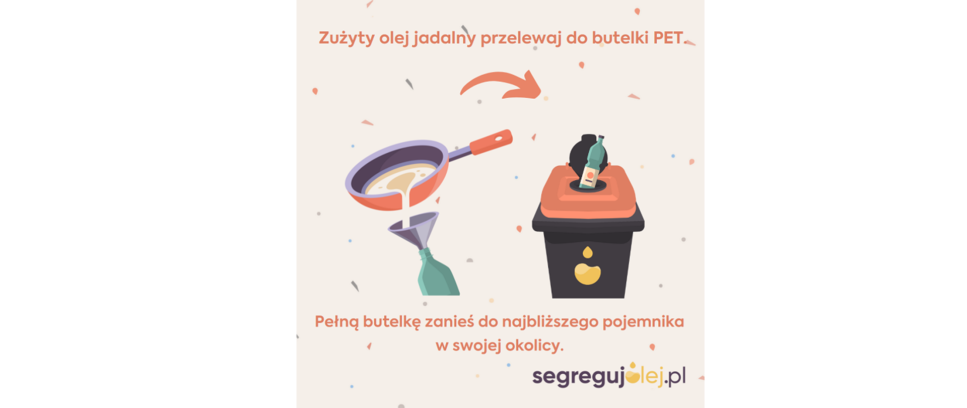 Zużyty olej jadalny przelewaj do butelki PET. Pełną butelkę zanieś do najbliższego pojemnika w swojej okolicy. 