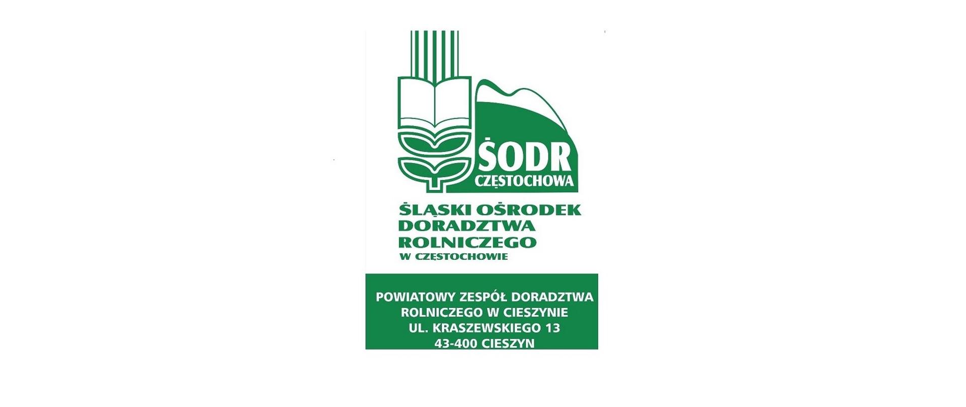 Logo Śląskiego Ośrodka Doradztwa Rolniczego w Częstochowie. Logotyp w kształcie kłosa zboża. Opisy: Śląski Ośrodek Doradztwa Rolniczego w Częstochowie, Powiatowy Zespół Doradztwa Rolniczego w Cieszynie, ul. Kraszewskiego 13, 43-400 Cieszyn 