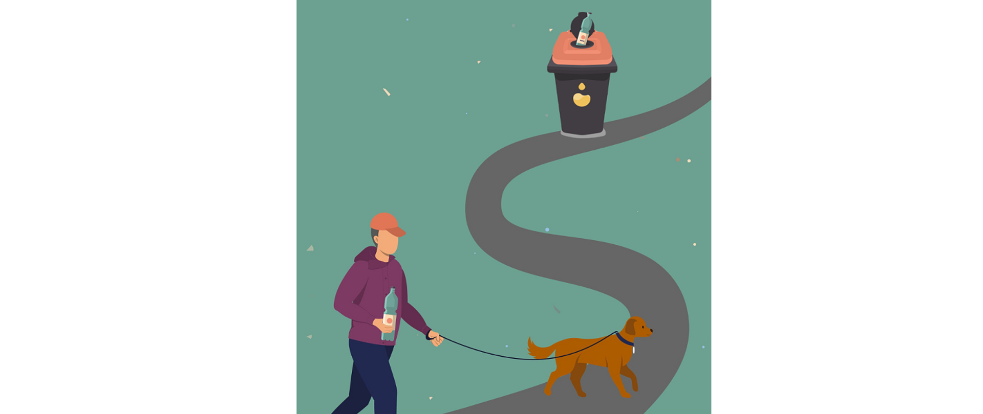 Segreguj olej! Mężczyzna z psem i butelką PET z olejem w ręku zmierza w kierunku pojemnika do segregacji zużytego oleju