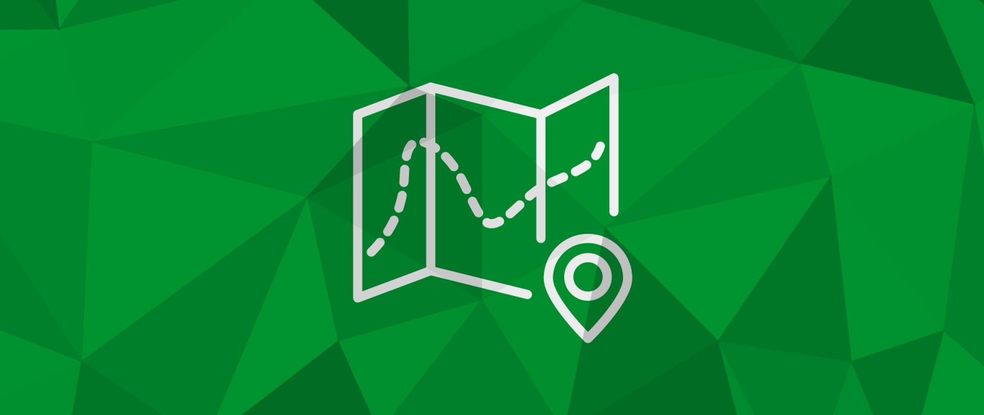 Grafika przedstawia białą ikonę mapy na tle złożonym z trójkątów w odcieniach koloru zielonego.