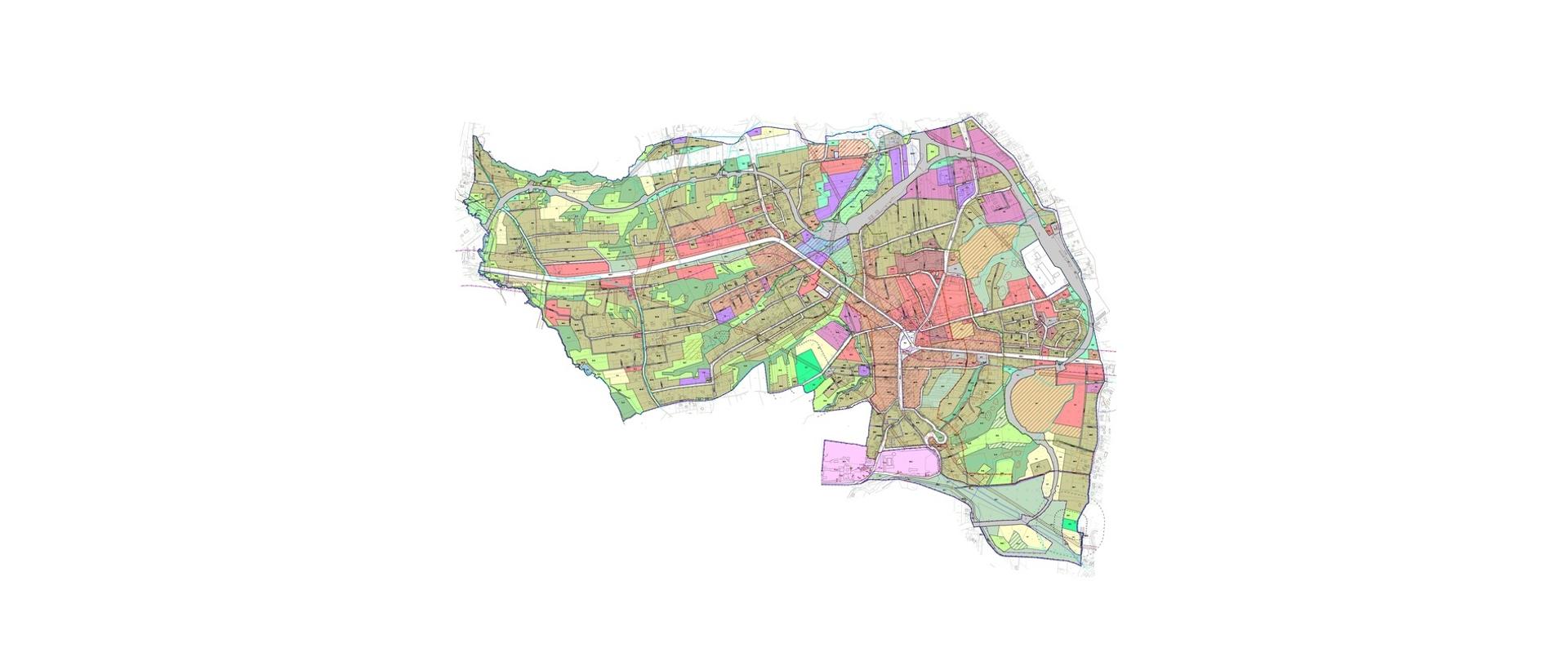Poglądowa miniatura mapy miejscowości z podziałem na poszczególne obszary zagospodarowania przestrzennego