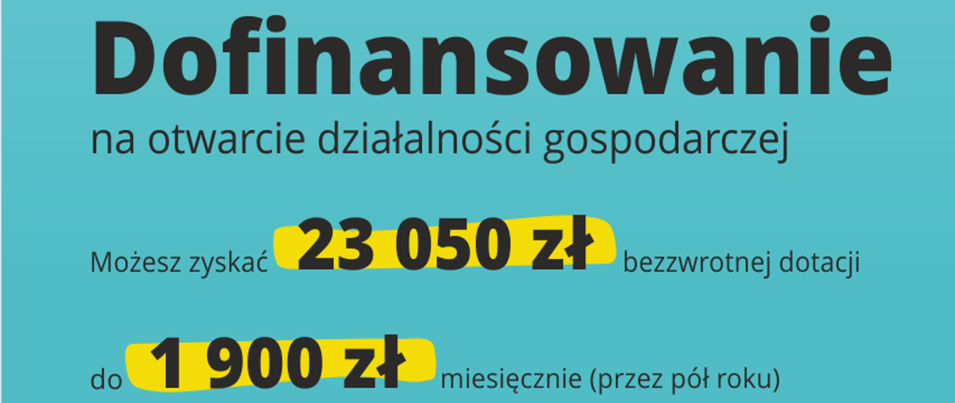 grafika przedstawia projekt Starter - młodzi w biznesie. Na plakacie znajduje się napis Dofinansowanie na otwarcie działalności gospodarczej, możesz zyskać 23050 zł bezzwrotnej dotacji do 1900 zł miesięcznie (przez pół roku) świadczenia pomostowego 