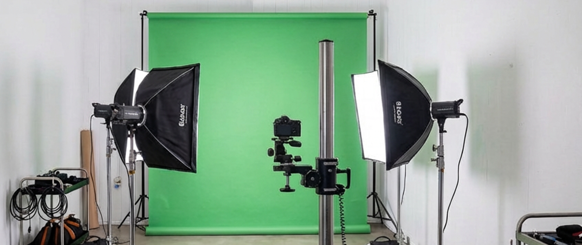 Studio fotograficzne z green screenem, oświetleniem i aparatem na statywie.