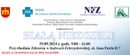 Utrzymany w kolorystyce biało-niebieskiej plakat z informacją o terminie, miejscu i zakresie badań w ramach białej niedzieli