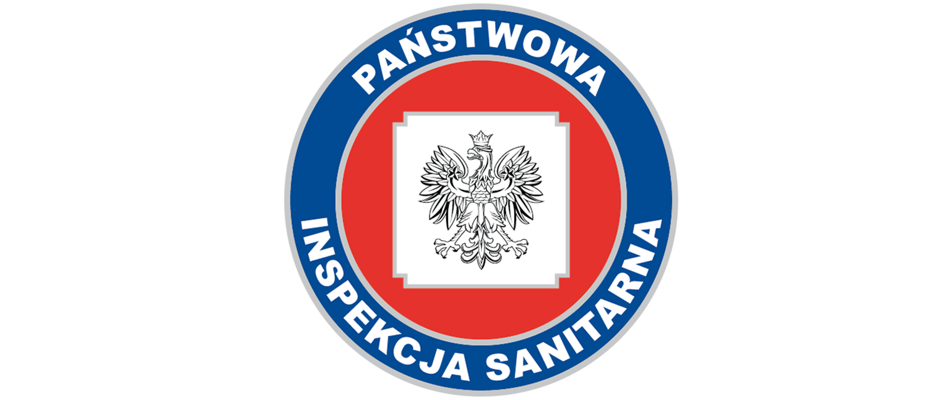 Logo Państwowej Inspekcji Sanitarnej. Okrągły znak. Napis na obwodzie białymi literami na niebieskim tle PAŃSTWOWA INSPEKCJA SANITARNA, wewnątrz koła na czerwonym tle godło państwowe w białym polu
