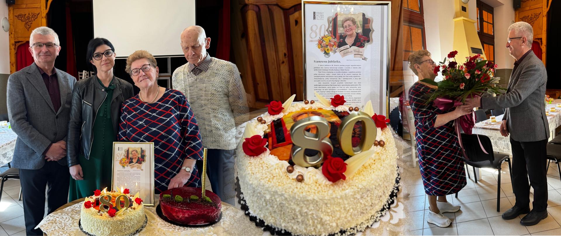 Kolarz z trzech zdjęć z Jubileusz 80. urodzin, na pierwszym 4 osoby pozują do zdjęcia przed stolikiem z tortami i ramką z życzeniami, na drugim tort z cyfrą 80 i ramka z życzeniami, na trzecim mężczyzna wręcza kwiaty jubilatce.
