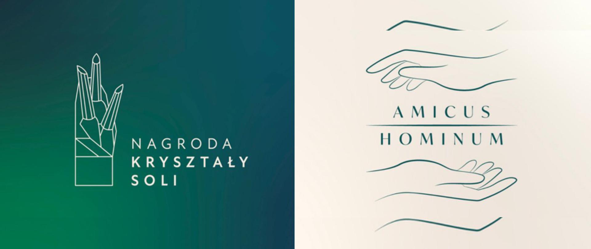 2 grafiki z logo, jedna kremowa przedstawiająca zarys dwóch dłoni, druga zielona pokazująca zarys kryształów.