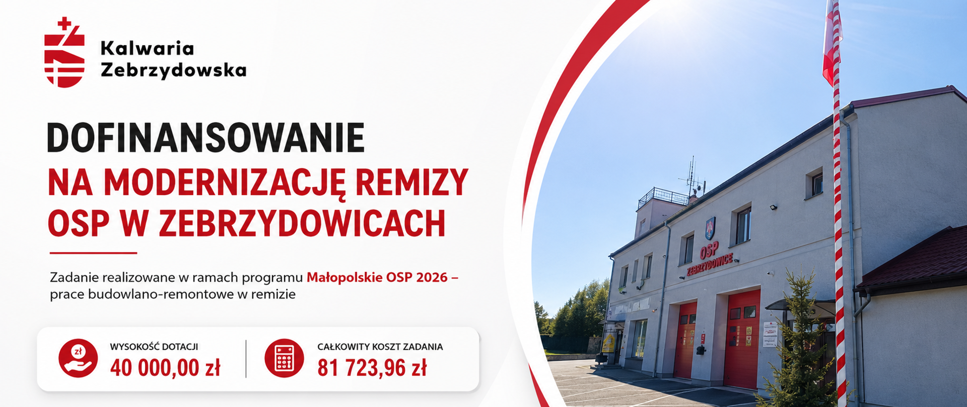 Grafika informująca o dofinansowaniu na modernizację remizy OSP w Zebrzydowicach. Po lewej stronie znajduje się logo Gminy Kalwaria Zebrzydowska oraz duży napis „Dofinansowanie na modernizację remizy OSP w Zebrzydowicach”. Poniżej podano informacje o realizacji zadania w ramach programu „Małopolskie OSP 2026 – prace budowlano-remontowe w remizie”, wysokości dotacji wynoszącej 40 000 zł oraz całkowitym koszcie zadania – 81 723,96 zł. Po prawej stronie widoczne jest zdjęcie budynku remizy Ochotniczej Straży Pożarnej w Zebrzydowicach z czerwonymi bramami garażowymi i masztem flagowym.