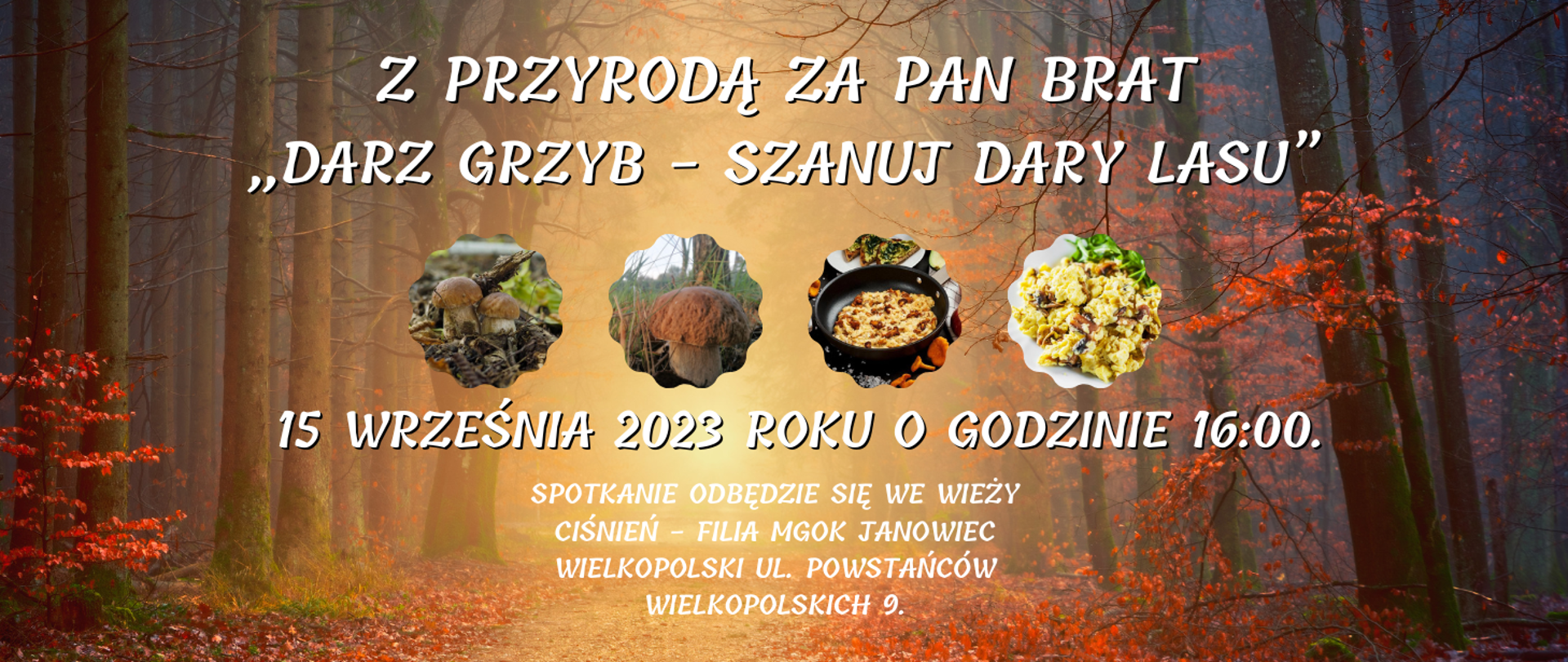 Serdecznie zapraszamy na kolejne spotkanie z cyklu „Z przyrodą za pan brat” pt. „Darz Grzyb - szanuj dary lasu”, które odbędzie się 15 września 2023 roku o godzinie 16:00.