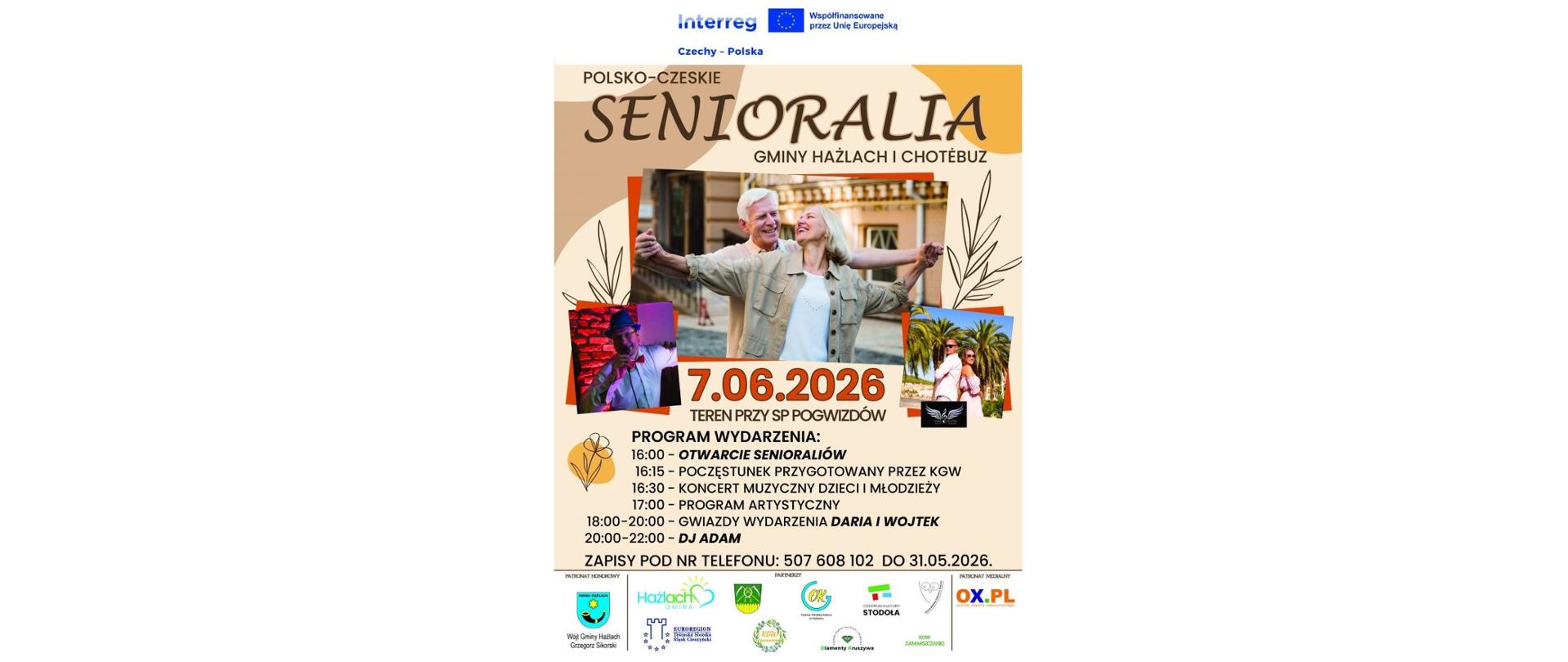 Plakat imprezy. Polsko-Czeskie Senioralia Gminy Hażlach i Chotěbuz. 7.06.2026. Teren przy SP Pogwizdów. 