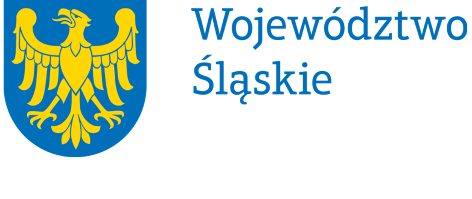 Złoty orzeł Piastów górnośląskich bez korony, zwrócony w prawo, na niebieskim tle. Po prawej stronie niebieski napis: Województwo Śląskie.
