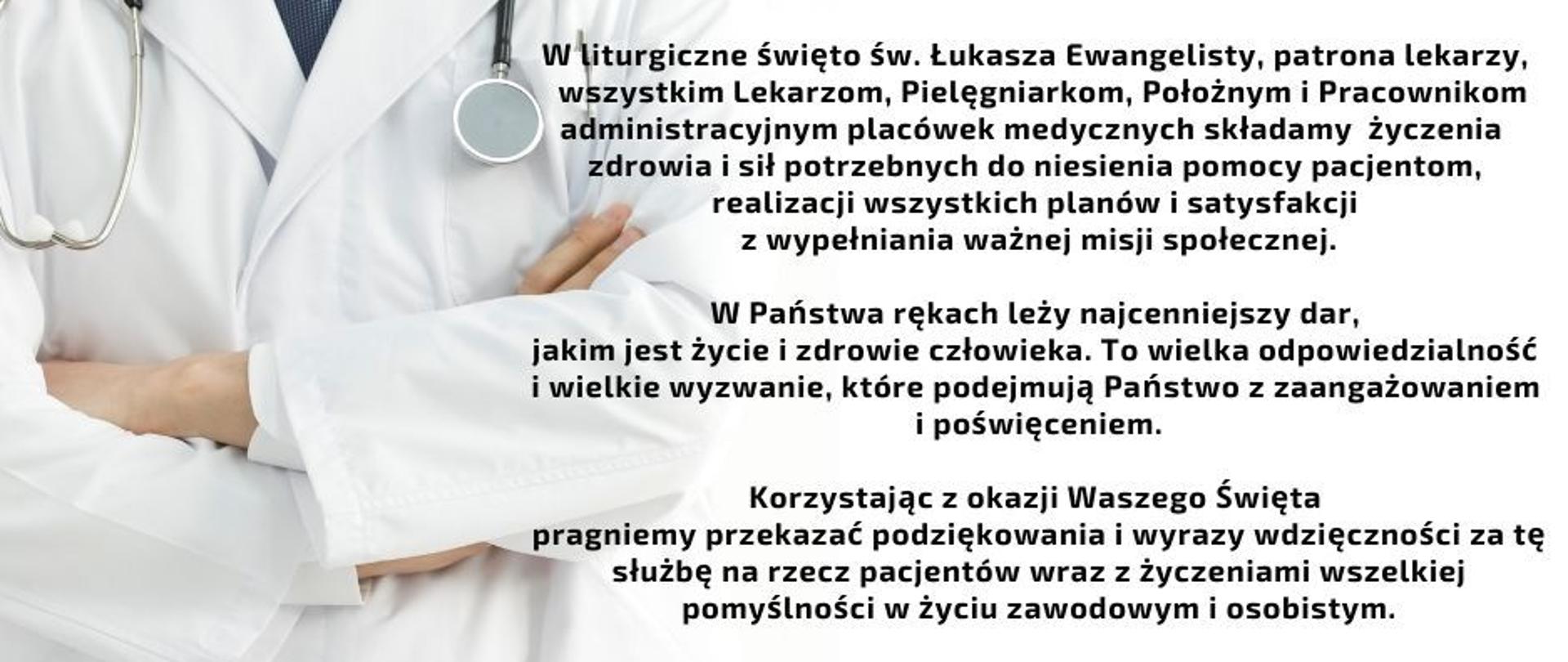 Plansza - Życzenia dla Pracowników Służby Zdrowia, w lewej części postać lekarza, po prawej treść życzeń