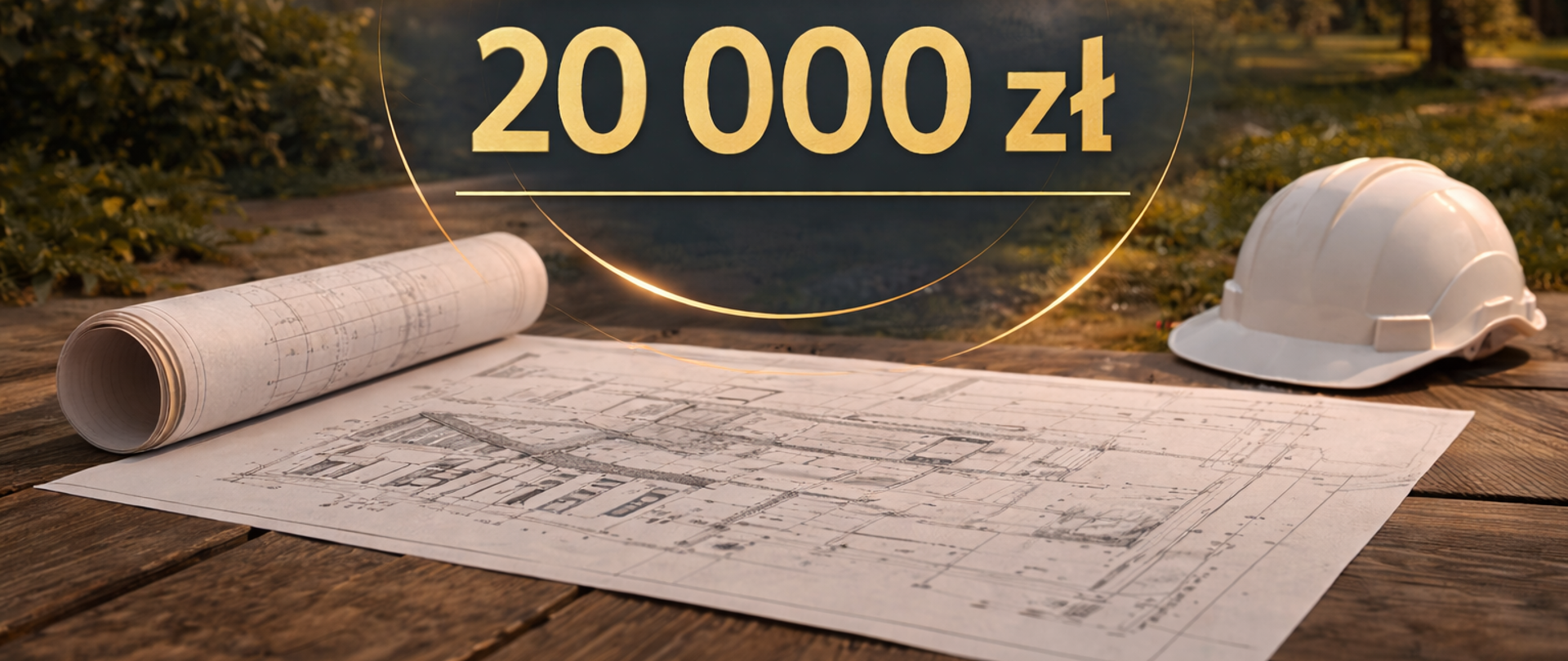 Grafika przedstawia projekt architektoniczny rozłożony na drewnianym stole na tle zielonego, parkowego krajobrazu. Obok widoczny jest biały kask budowlany oraz zwinięte plany techniczne. Na środku grafiki znajduje się złoty, podświetlony okrąg z ikoną monet oraz dużym napisem „20 000 zł”, symbolizującym przyznane dofinansowanie lub środki finansowe na inwestycję.