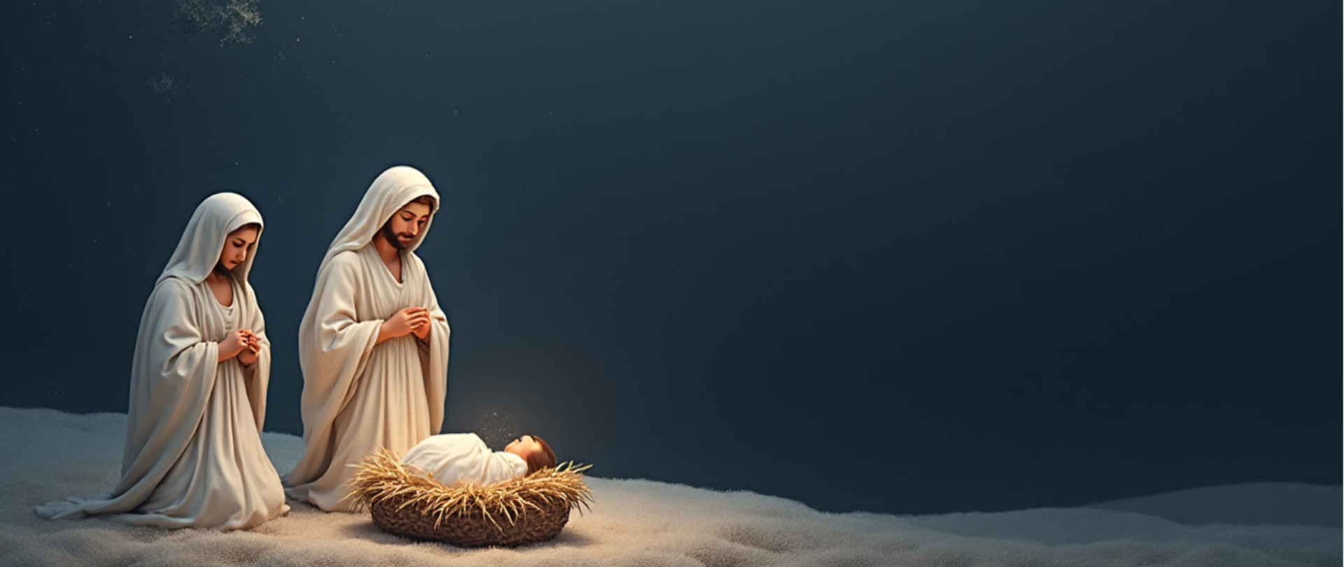 Ilustracja przedstawiająca scenę Bożego Narodzenia: Maryja i Józef klęczą przy Dzieciątku Jezus leżącym w żłóbku na tle nocnego nieba. Nad nimi świeci jasna Gwiazda Betlejemska, a całość utrzymana jest w spokojnej, ciemnoniebieskiej kolorystyce z delikatnym, świątecznym światłem.