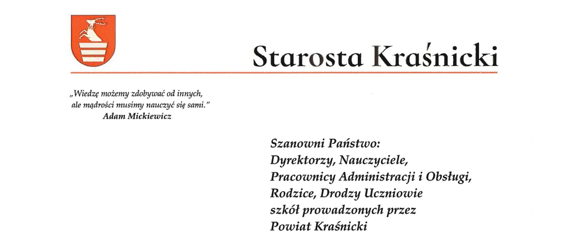 List Starosty Kraśnickiego na zakończenie roku szkolnego 2023/2024