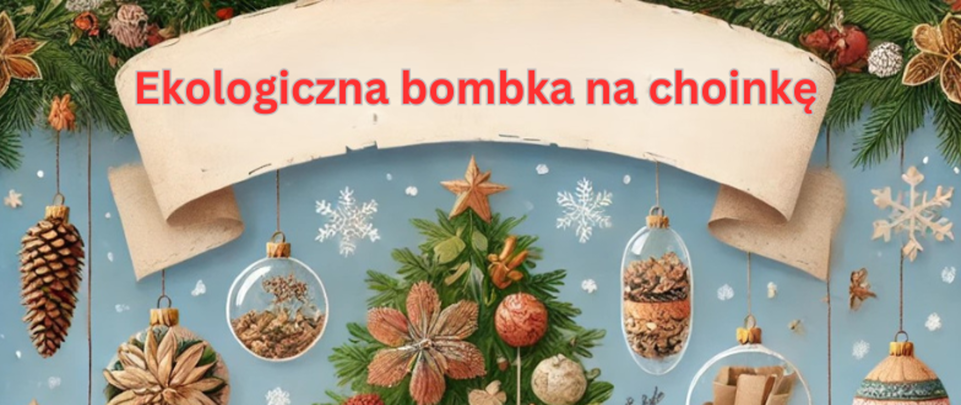 Grafika przedstawia choinkę ubraną w ręcznie robione ozdoby 