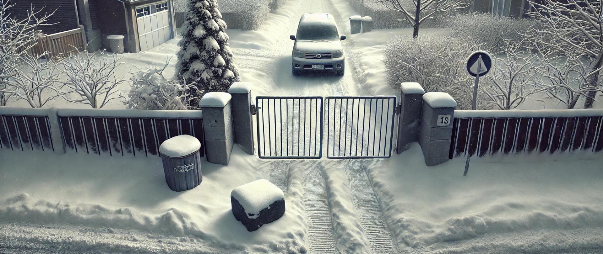 Zimowy wjazd do posesji z małym drzewkiem i kamieniem przy bramie, częściowo przykrytymi śniegiem.