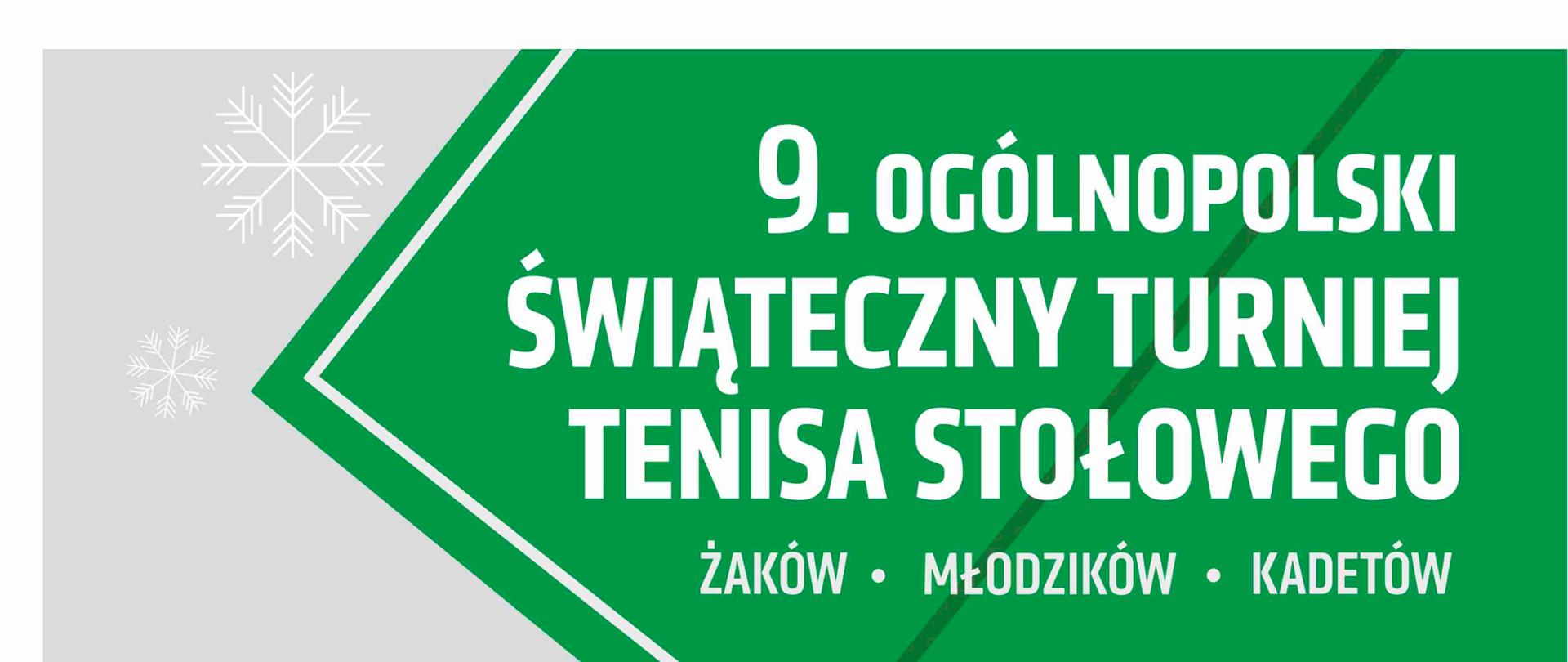 Plakat zawodów. W jego środkowej części znajduje się grafika dwóch rakietek i piłki do tenisa stołowego. Zawiera od góry następującą treść: 9. Ogólnopolski Świąteczny Turniej Tenisa Stołowego żaków, młodzików, kadetów, 21 grudnia 2024 roku, Kraśnik, hala Szkoły Podstawowej nr 2, 21.12, sobota. 9.30 – ceremonia otwarcia, 10.00-17.00 – gry turniejowe, 17.30 – dekoracja zawodników, 18.00 – uroczyste zakończenie turnieju. Na samym dole znajdują się loga patronów honorowych, partnera strategicznego, partnerów, sponsorów, partnera medialnego i organizatora.
