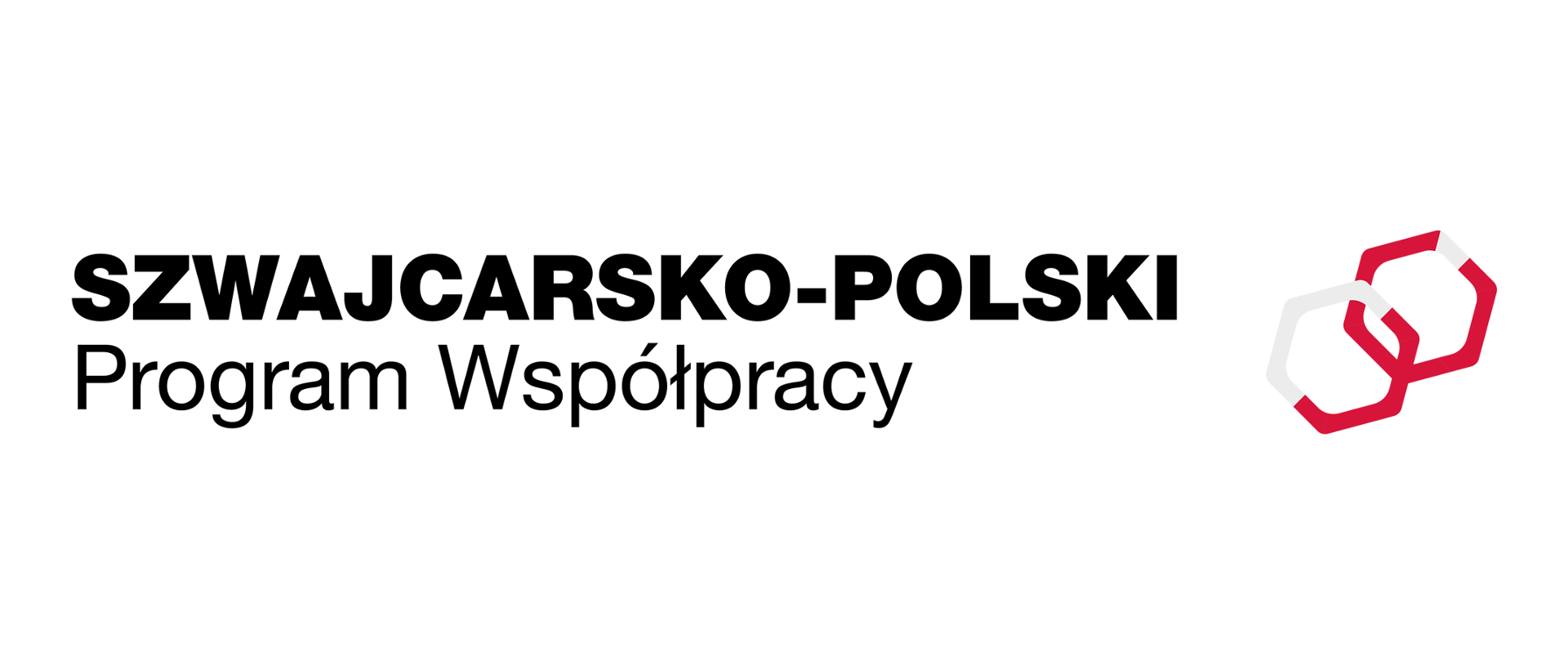 Logotyp Szwajcarsko-Polskiego Programu Współpracy. Po lewej stronie znajduje się czarny napis w dwóch wierszach: SZWAJCARSKO-POLSKI Program Współpracy. Po prawej stronie widnieje symbol graficzny przedstawiający dwa splecione ze sobą sześcioboki o czerwonych i szarych krawędziach. Całość znajduje się na białym tle.