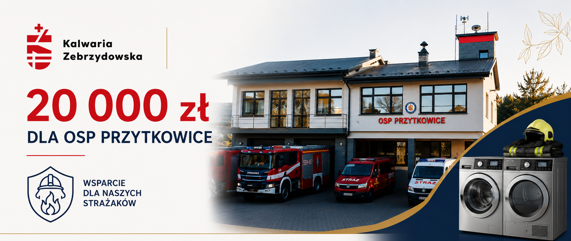 Grafika informująca o pozyskaniu przez Gminę Kalwaria Zebrzydowska dofinansowania w wysokości 20 000 zł dla OSP Przytkowice w ramach programu „Małopolskie OSP 2026”. Po lewej stronie znajduje się logo Gminy Kalwaria Zebrzydowska oraz duży napis „20 000 zł dla OSP Przytkowice”. W centralnej części widoczny jest budynek remizy OSP Przytkowice wraz z pojazdami strażackimi. Po prawej stronie przedstawiono nowoczesny zestaw pralniczo-suszący oraz elementy wyposażenia strażackiego. Dolna część grafiki zawiera ikony symbolizujące poprawę bezpieczeństwa, nowoczesny sprzęt i wsparcie dla OSP oraz logo programu „Małopolska dla straży pożarnych”.