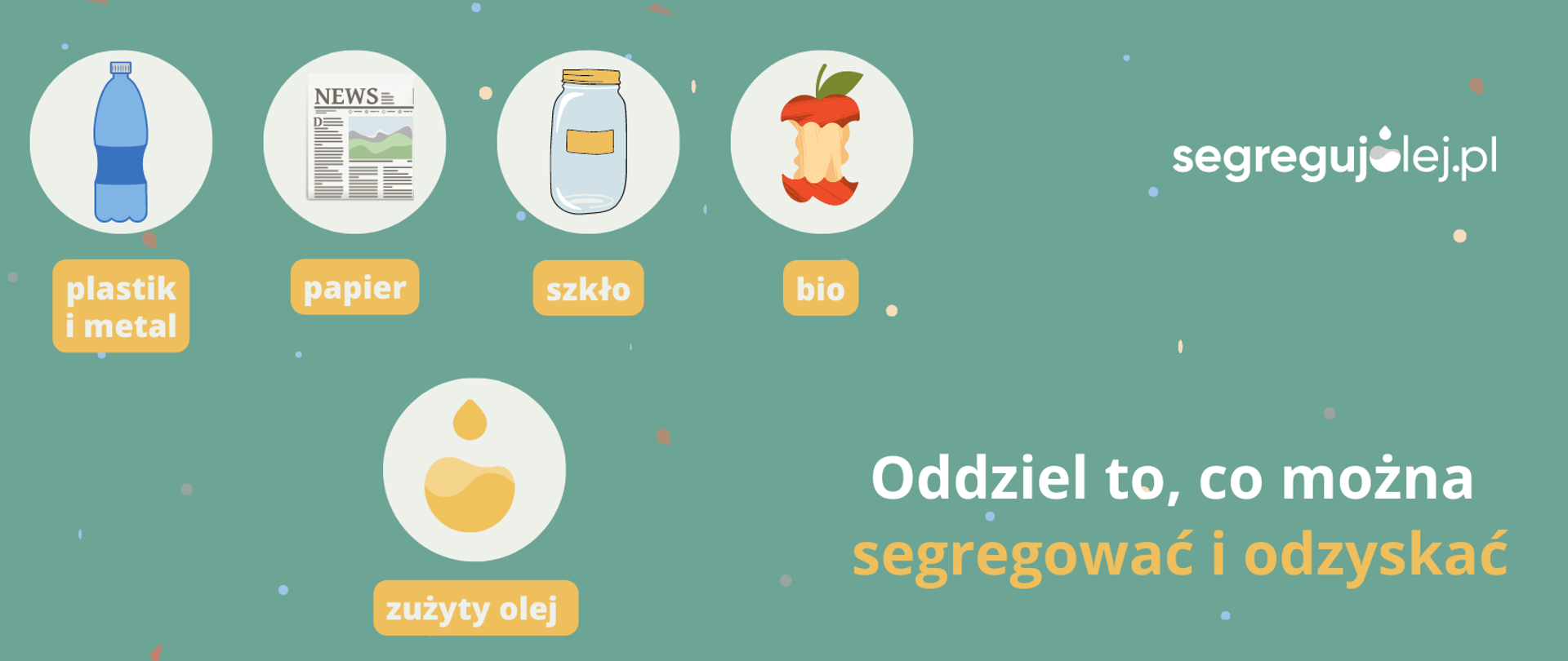 Na zielonym pastelowym tle symbole pięciu frakcji odpadów (plastik i metal, papier, szkło, bio, zużyty olej)