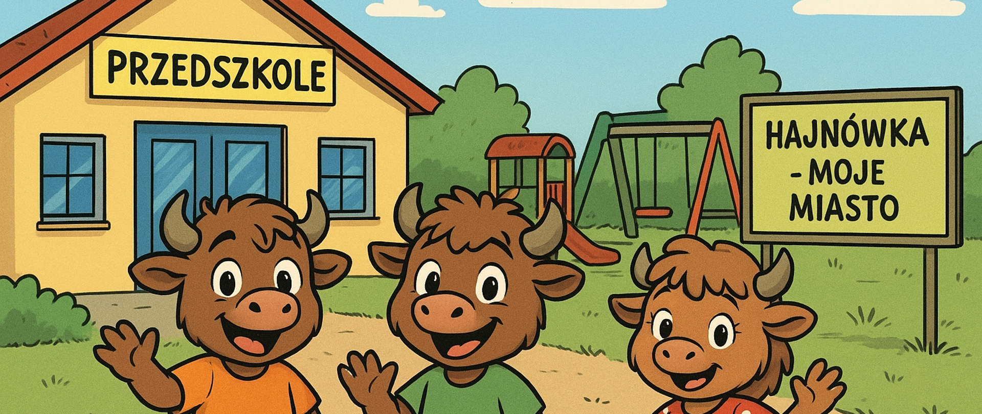 Na tle budynku Przedszkola stoją trzy małe żuberki. Obok tablica: Hajnówka - moje miasto.