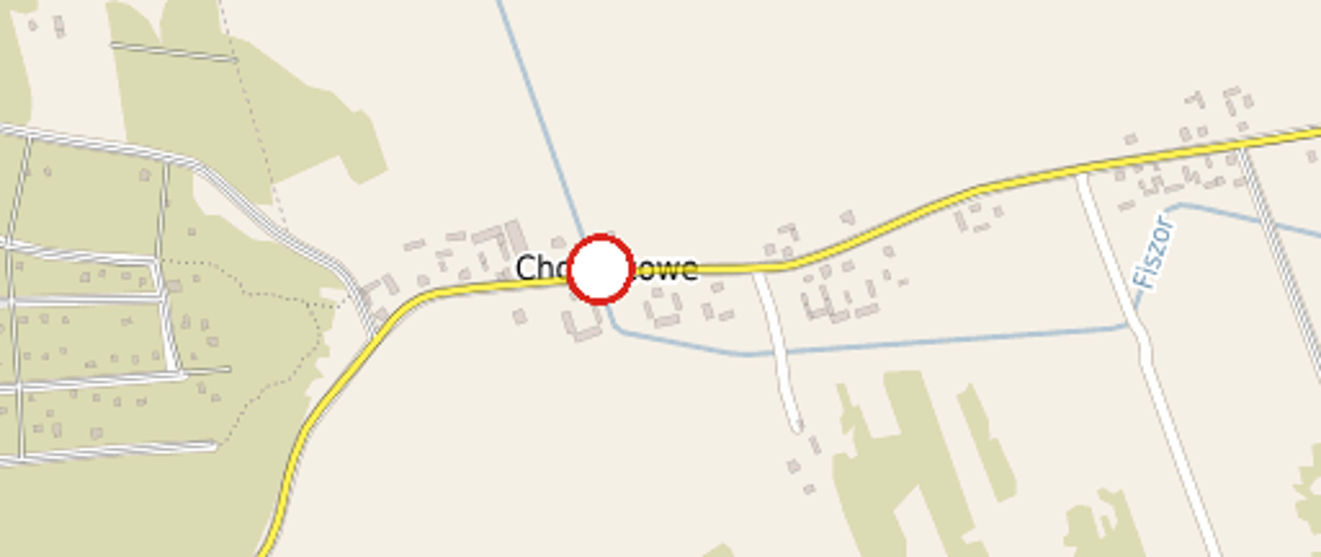 Mapa z zaznaczoną na żółto drogą z napisem Choszczowe oraz na niej znak zakaz ruchu