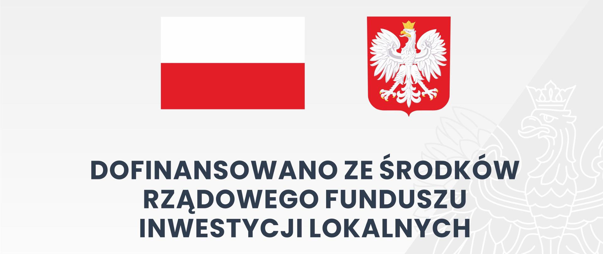 Tablica na szarym tle w centralnej części zawiera flagę i godło Polski. W tle z prawej strony znak wodny z orłem w koronie