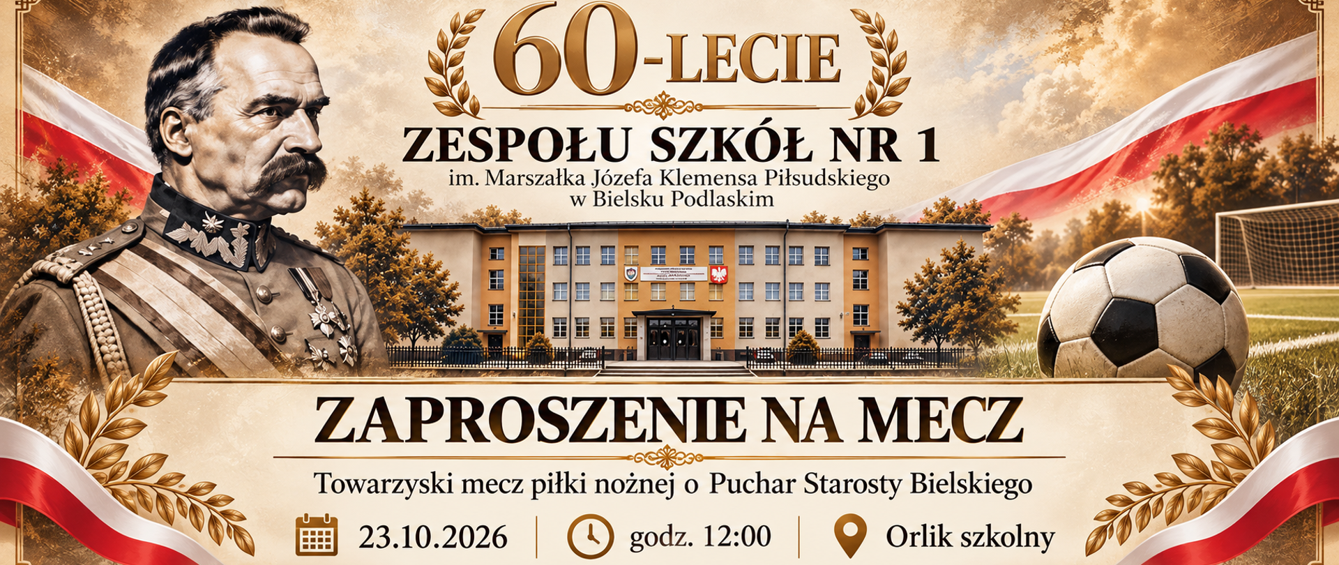Zaproszenie na mecz z okazji 60-lecia Zespołu Szkół nr 1 im. Marszałka J.K. Piłsudskiego w Bielsku Podlaskim