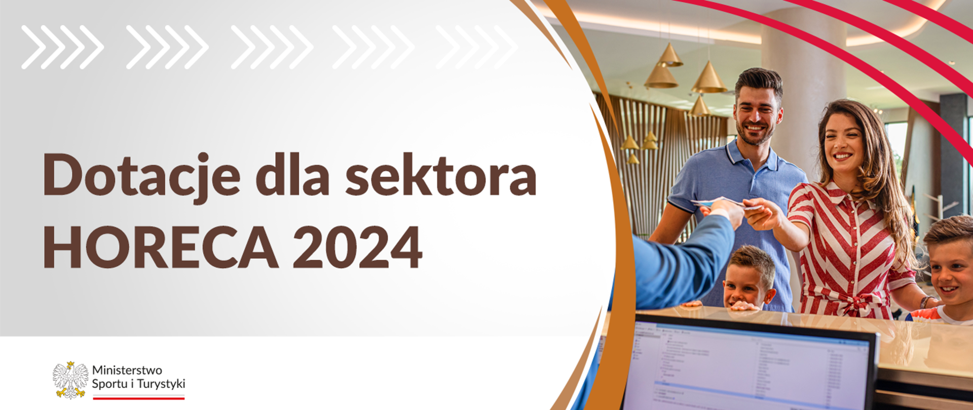 grafika dotycząca dotacji dla sektora HORECA 2024, po prawej stronie uśmiechnięta rodzina z dwójką dzieci składająca wniosek o dofinansowanie. 