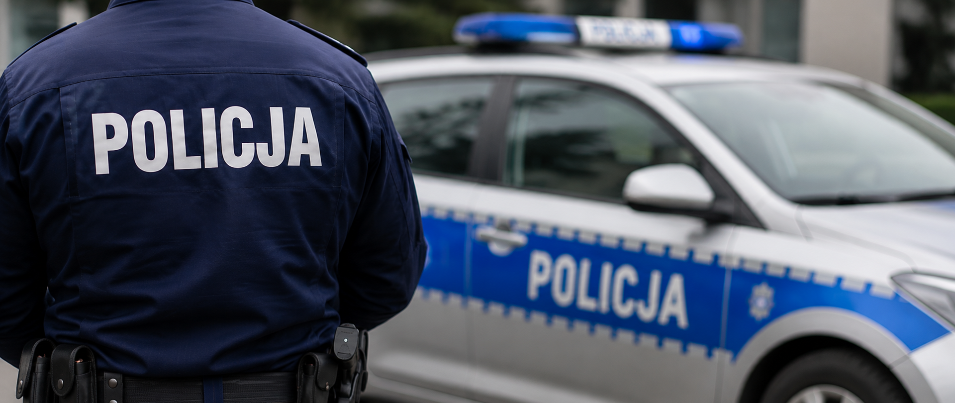 Policjant stojący tyłem, w tle samochód policyjny.