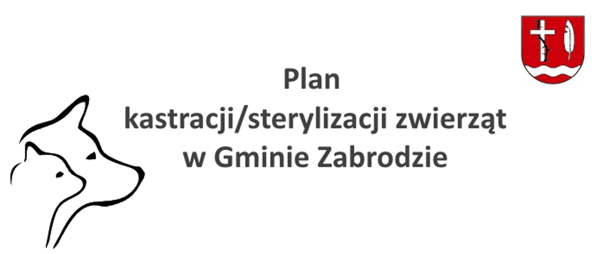 Obrysy głów psa i kota z napisem na środku: Plan kastracji/sterylizacji zwierząt w Gminie Zabrodzie. W prawym górnym rogu herb gminy Zabrodzie: czerwona tarcza z białym krzyżem, piórem i rzeką pod nimi