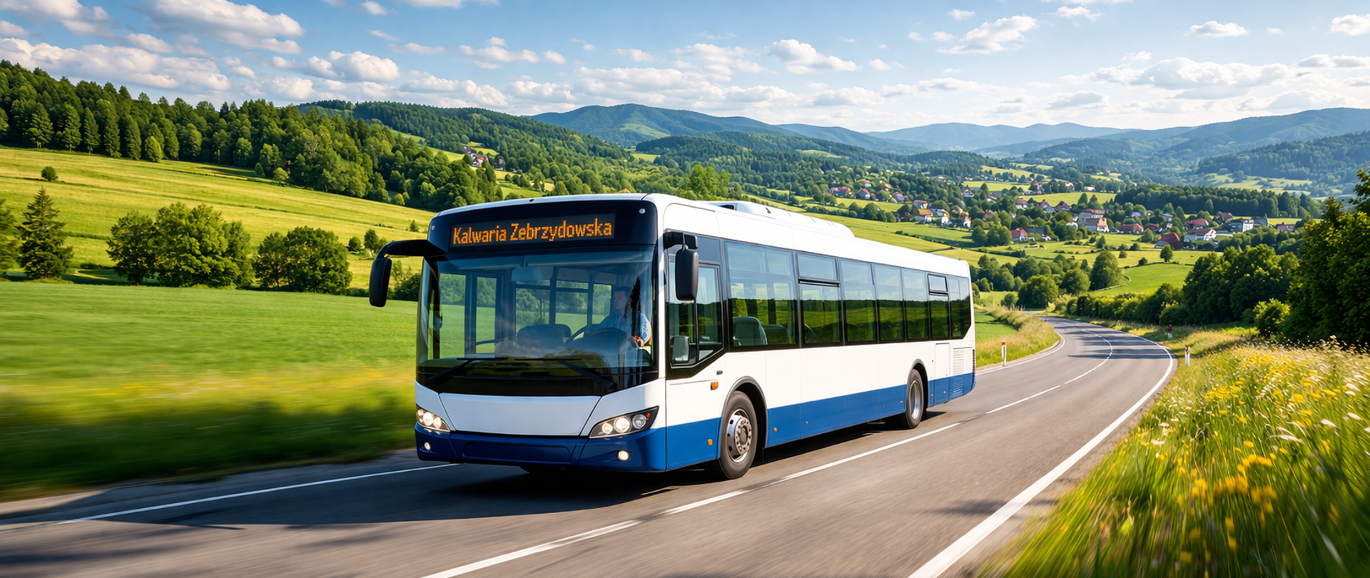 Nowoczesny biało-niebieski autobus z wyświetlaczem „Kalwaria Zebrzydowska” jedzie po krętej drodze przez zielony, wiejski krajobraz z łąkami, drzewami i rzeką w tle, pod jasnym, częściowo zachmurzonym niebem.