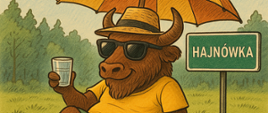 Na kocu , pod parasolem siedzi żubry - opala się. Za nim napis Hajnówka