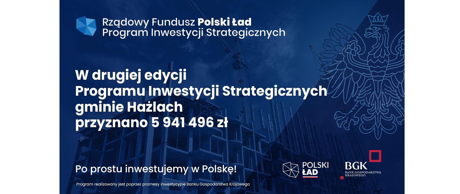 Logo projektu: Rządowy Fundusz Polski Ład Program Inwestycji Strategicznych. Napis: W drugiej edycji Programu Inwestycji Strategicznych gminie Hażlach przyznano 5 941 496 zł. Po prostu inwestujemy w Polskę! Program realizowany jest poprzez promesy inwestycyjne Banku Gospodarstwa Krajowego. W tle zarysy budowy. Z prawej strony godło państwowe. Poniżej loga: Polski Ład, BGK Bank Gospodarstwa Krajowego.
