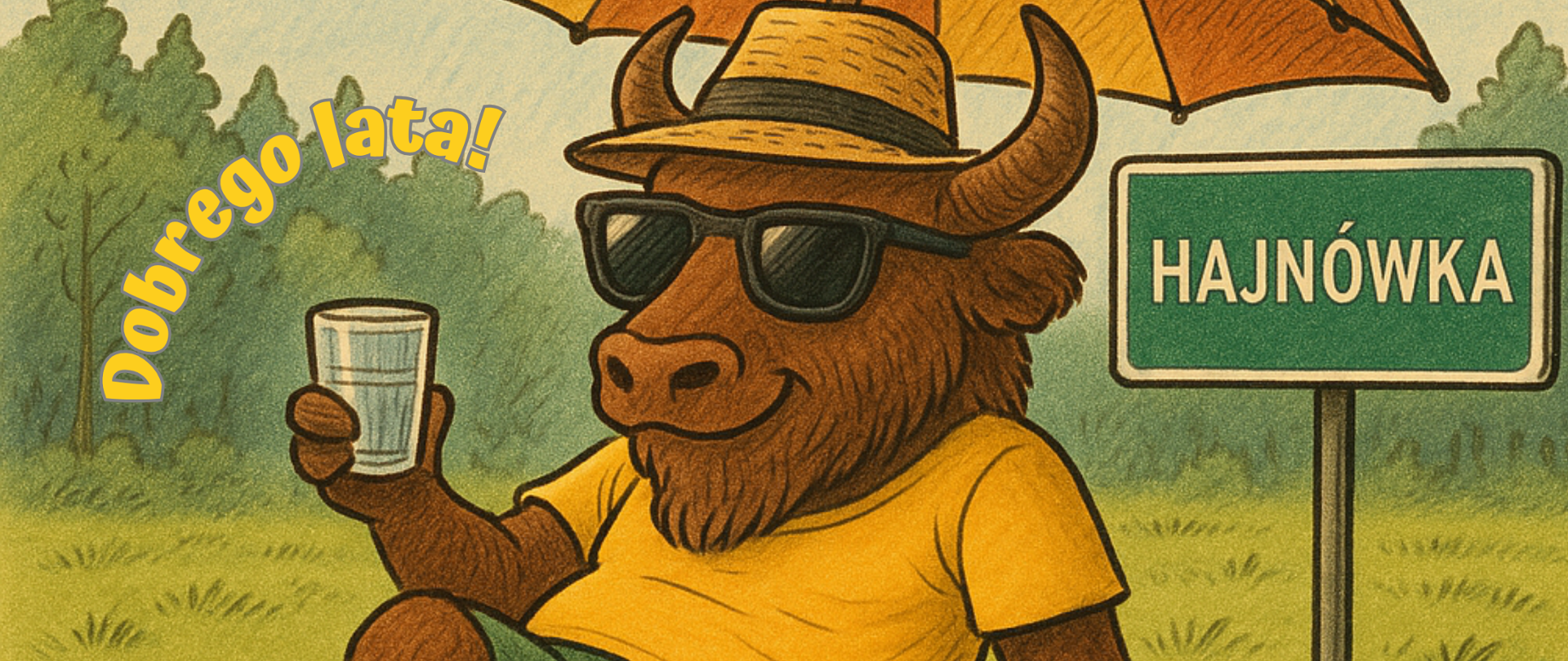 Grafika odpoczywającego żubra, za nim napis Hajnówka. Obok tekst - dobrego lata!