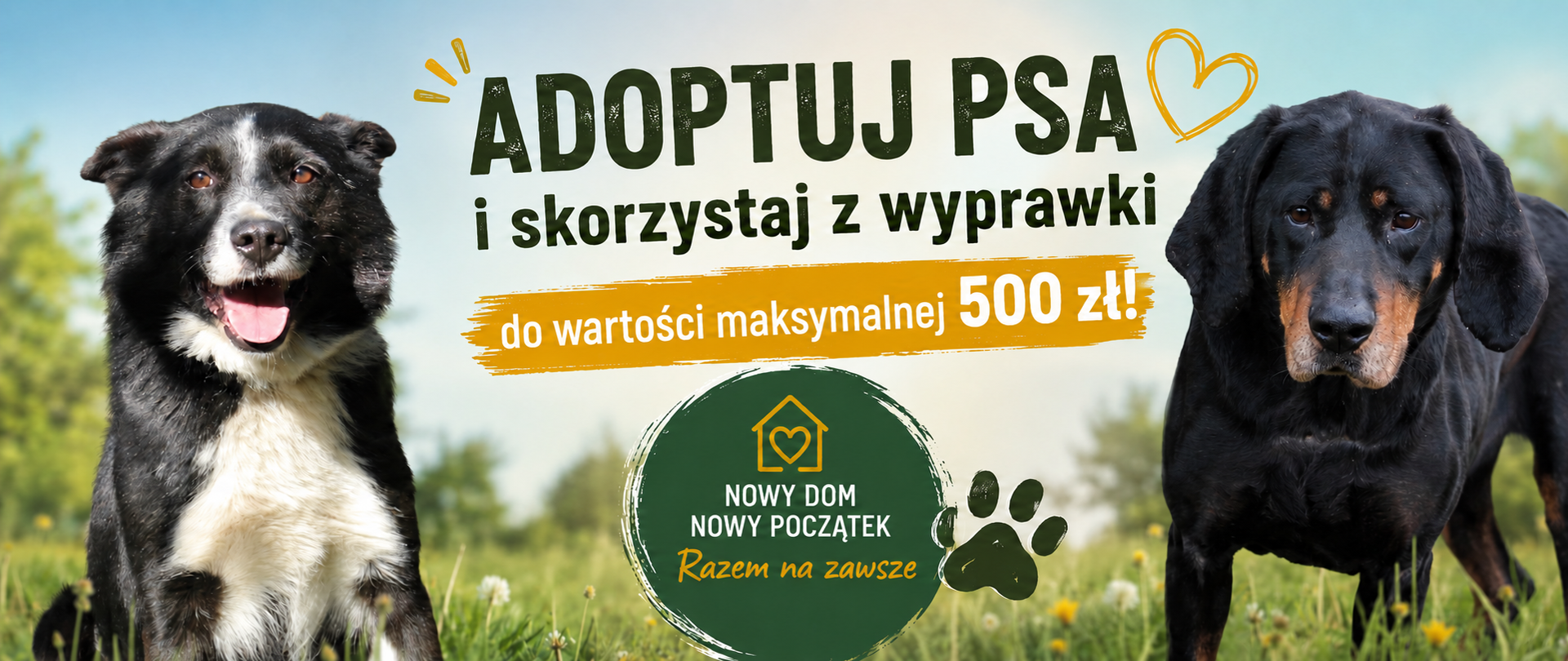 Baner promujący adopcję psów. Po lewej stronie uśmiechnięty czarno-biały pies siedzi na trawie, po prawej czarny pies z podpalanymi znaczeniami stoi i patrzy w obiektyw. Na środku widnieje napis: „ADOPTUJ PSA i skorzystaj z wyprawki o wartości do 500 zł!”. U dołu znajduje się zielone logo z napisem „Nowy Dom, Nowy Początek – Razem na zawsze” oraz ikoną domu z sercem i odciskiem psiej łapy. Tło przedstawia rozmyty, zielony krajobraz.